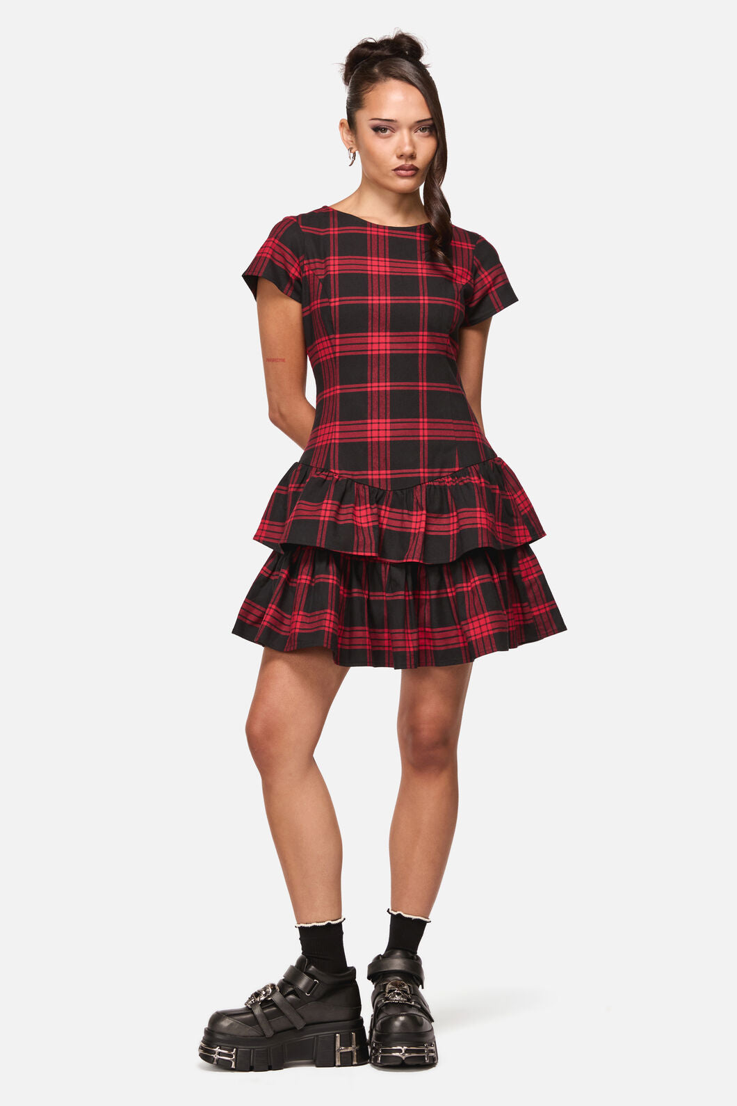 knee length dresses for ladies Red Tartan Stretch Mini Dress main image 1