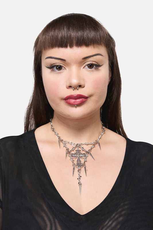 Black Friday - Spike Cross Barb Necklace - silver