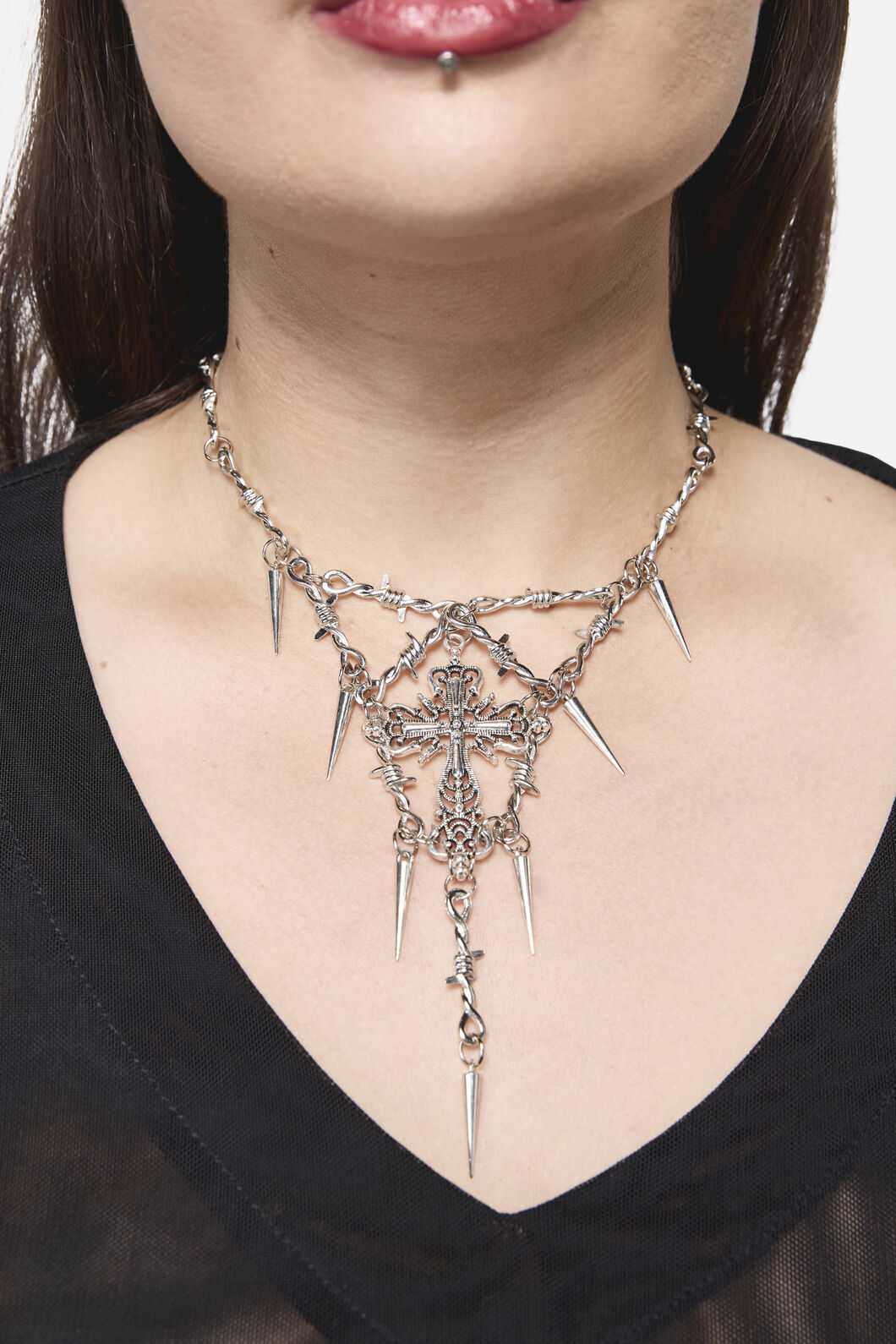 Black Friday - Spike Cross Barb Necklace - silver