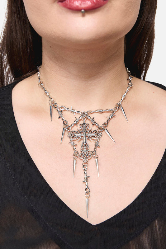 Black Friday - Spike Cross Barb Necklace - silver