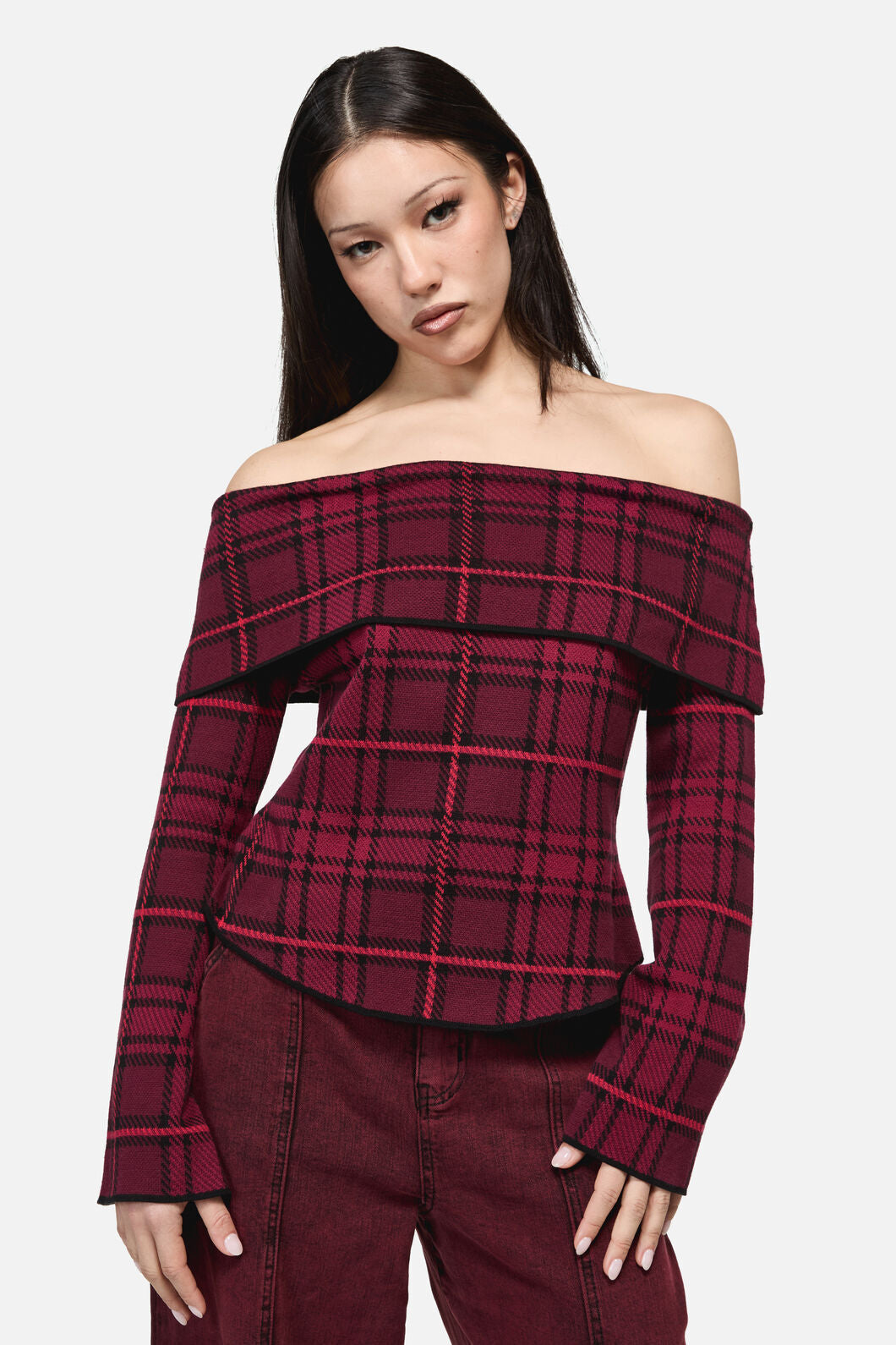 Dangerfield NZ - Over It Tartan Knit Top - red