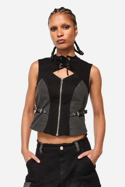 Black Friday - Vixi Denim Zip Cyber Corset - black-grey