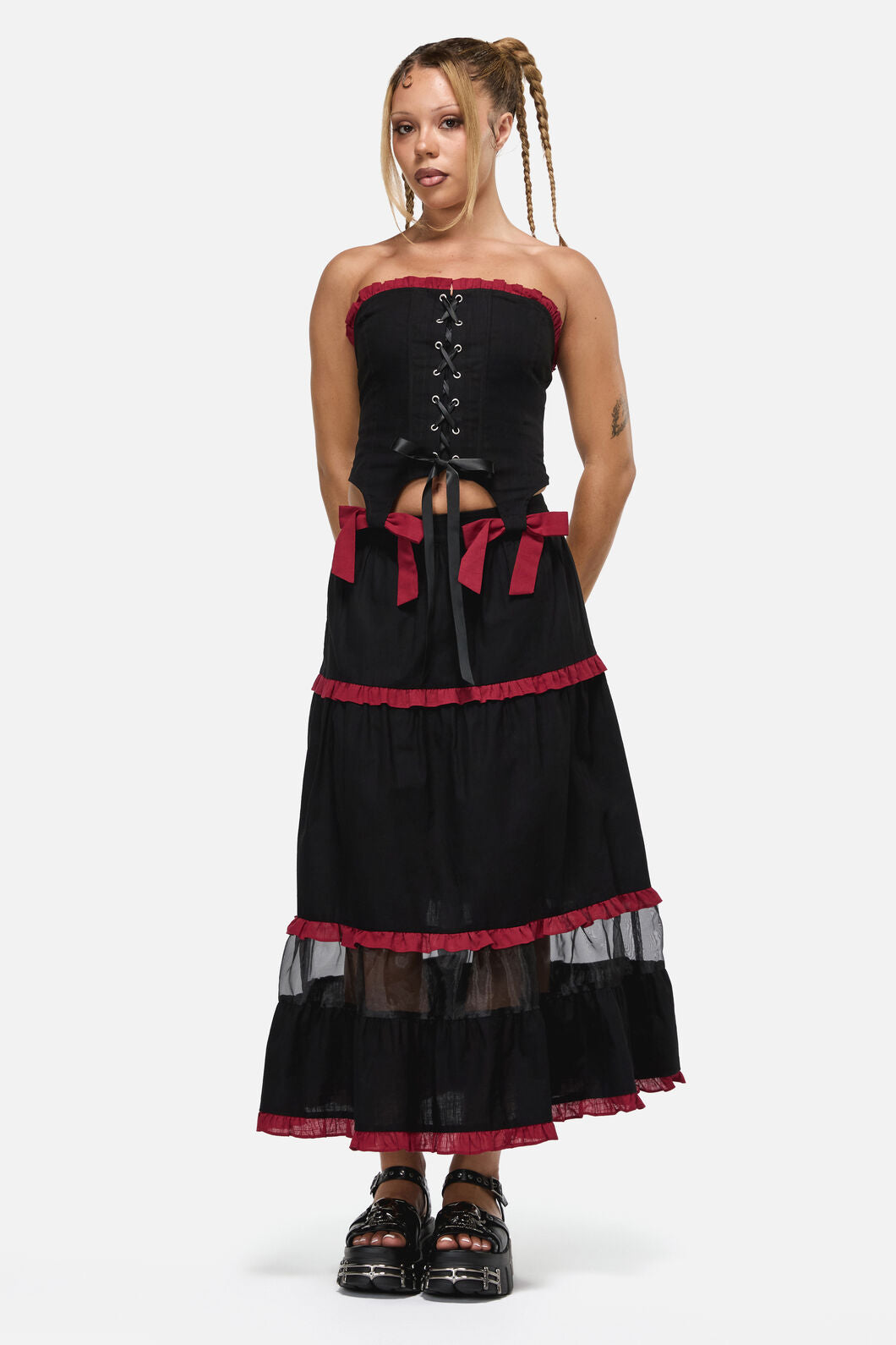 Black Friday - Dystopia ContrastTrimMidiSkirt - black-red