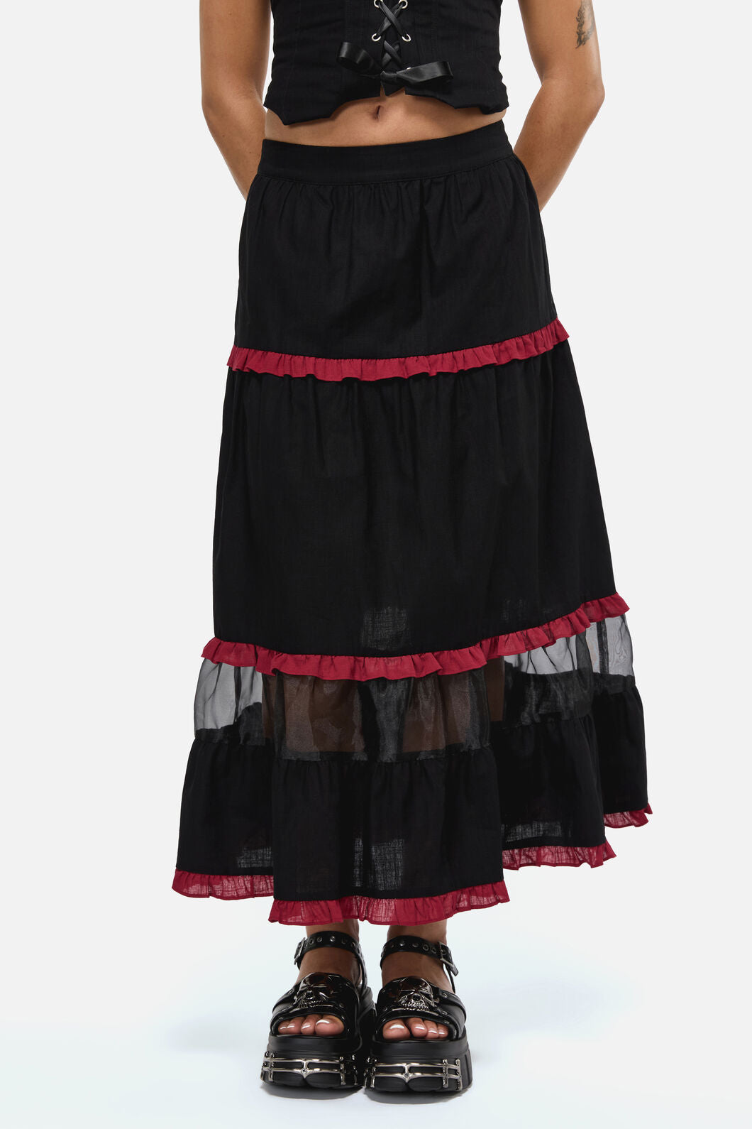Black Friday - Dystopia ContrastTrimMidiSkirt - black-red