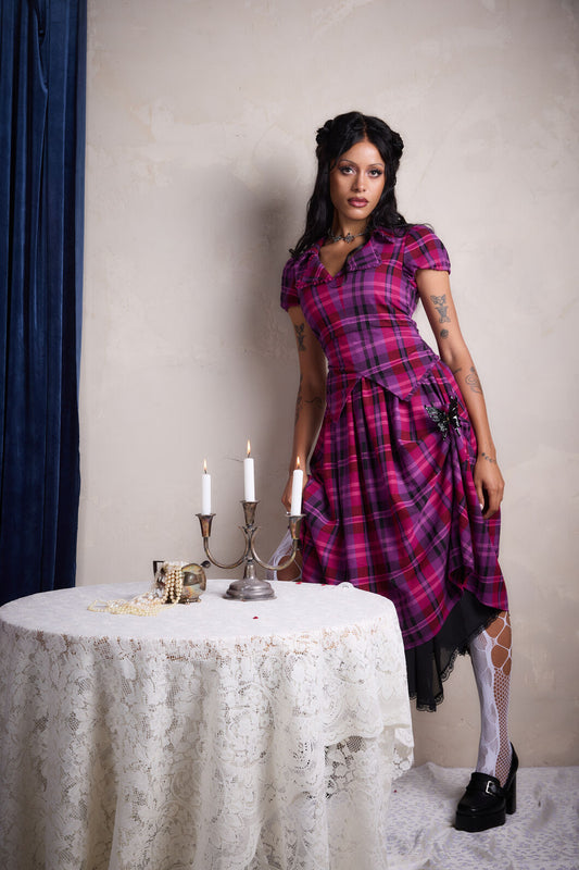 Black Friday - Luna Goth Tartan Midi Dress - plum