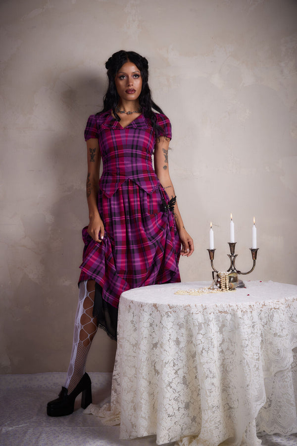 Black Friday - Luna Goth Tartan Midi Dress - plum