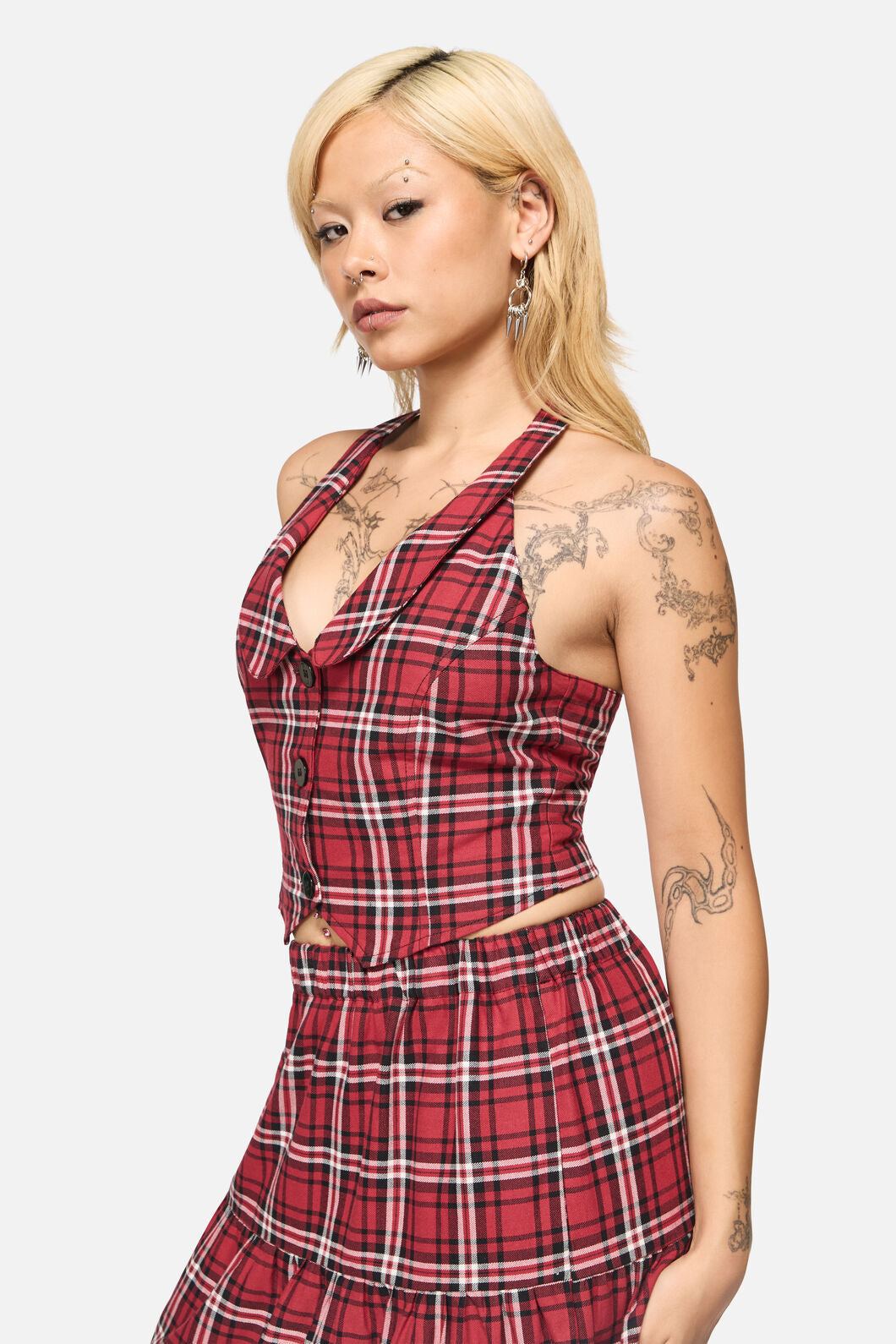 Black Friday - Louve Tartan Fitted Halter Top - red