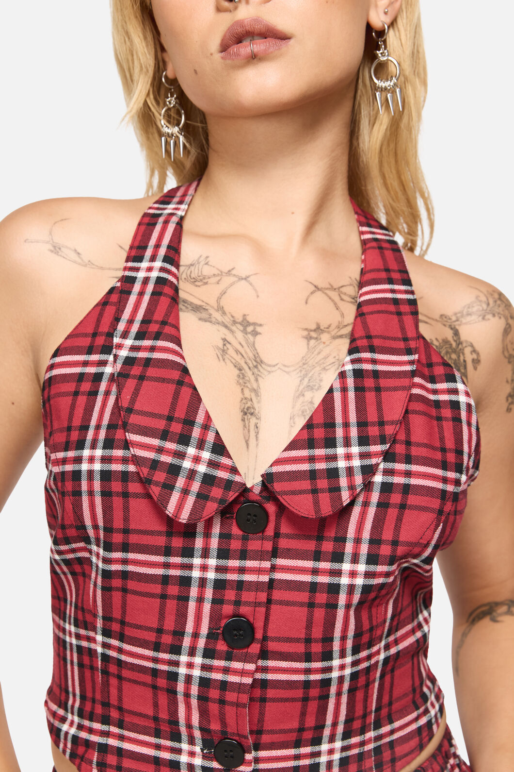 Black Friday - Louve Tartan Fitted Halter Top - red