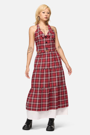 Black Friday - Louve Tartan Tiered Midi Skirt - red
