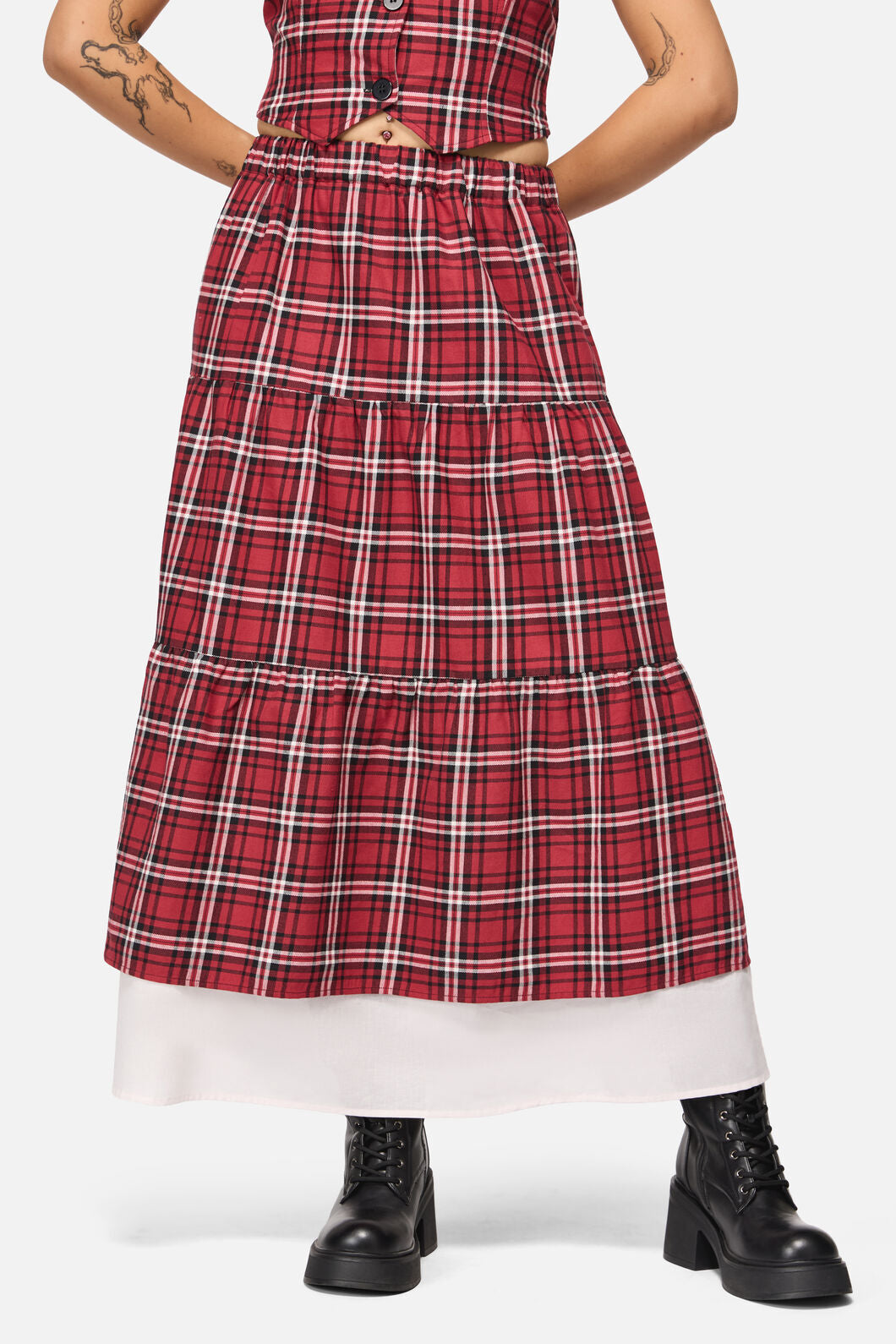 Black Friday - Louve Tartan Tiered Midi Skirt - red