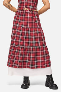 Black Friday - Louve Tartan Tiered Midi Skirt - red