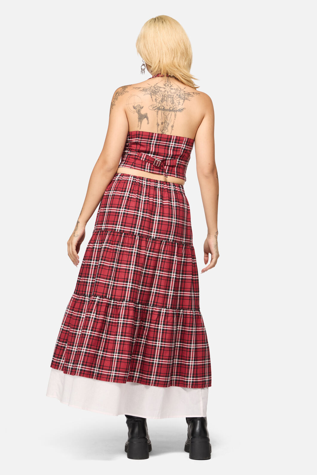 Black Friday - Louve Tartan Tiered Midi Skirt - red