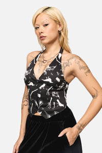 Black Friday - Corbeau Print Halter Neck Top - black
