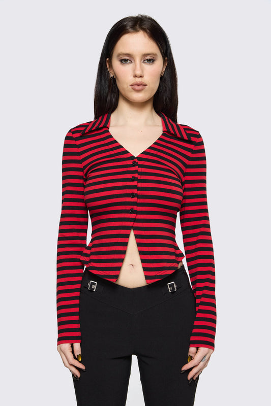 Black Friday - Trad Emo Stripe Jersey Top - black-red