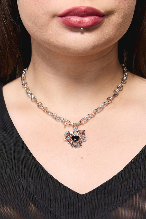 Black Friday - Cobweb Heart Necklace - silver