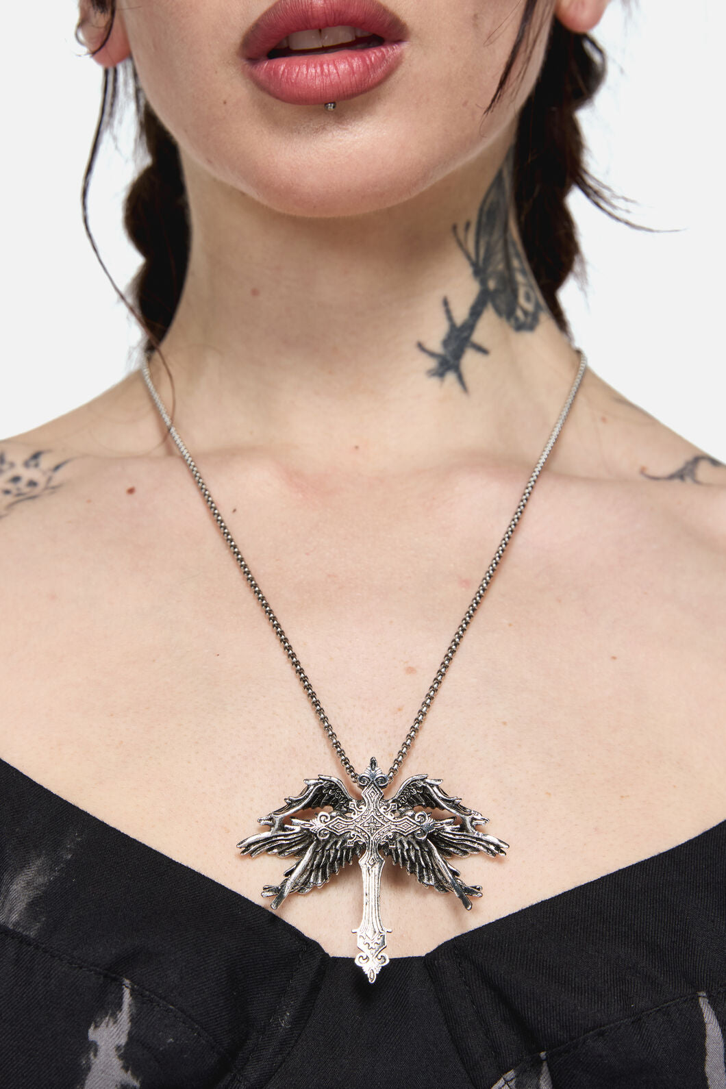 Black Friday - Abstract Winged Cross Necklace - silver