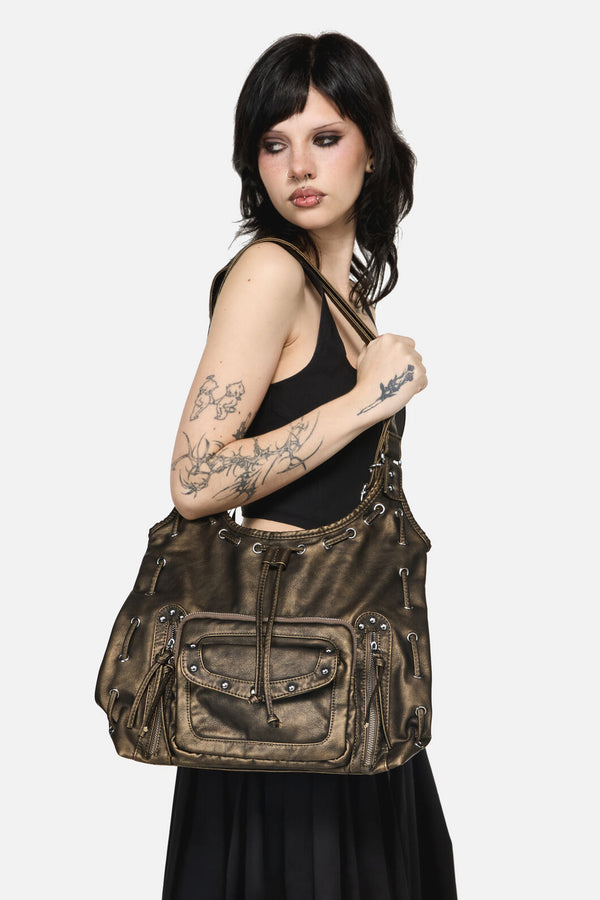 Black Friday - Golden Large Slouch Stud Bag - black-gold