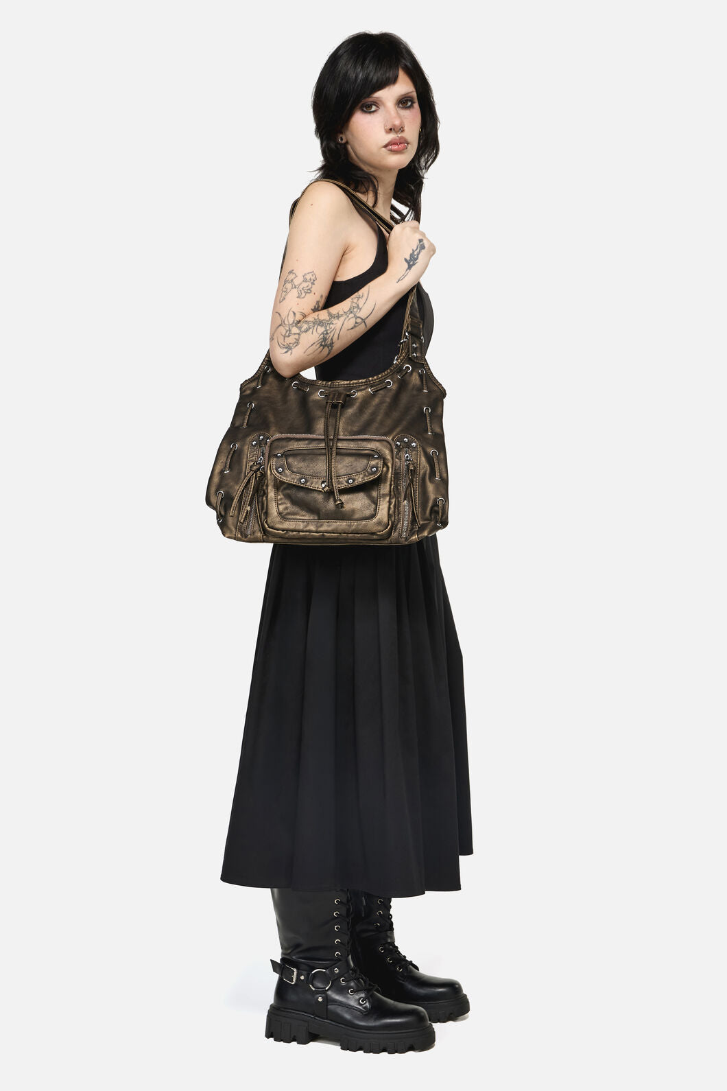 Black Friday - Golden Large Slouch Stud Bag - black-gold