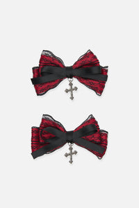 Black Friday - Lace Bow Cross Hair Clip Set - black-red
