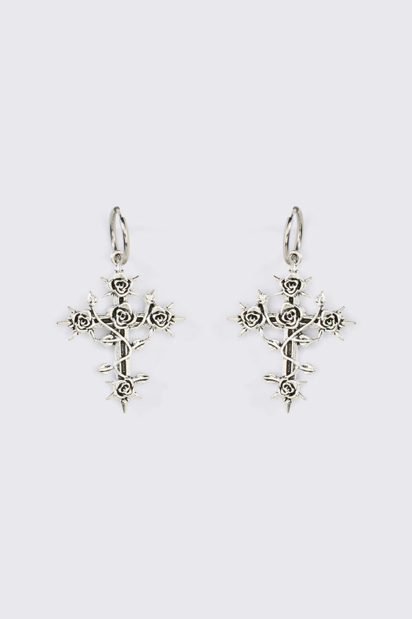 Black Friday - Romance Rose Cross Earrings - silver