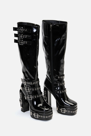 Black Friday - KneeHighPatentBuckleSpikeBoots - black