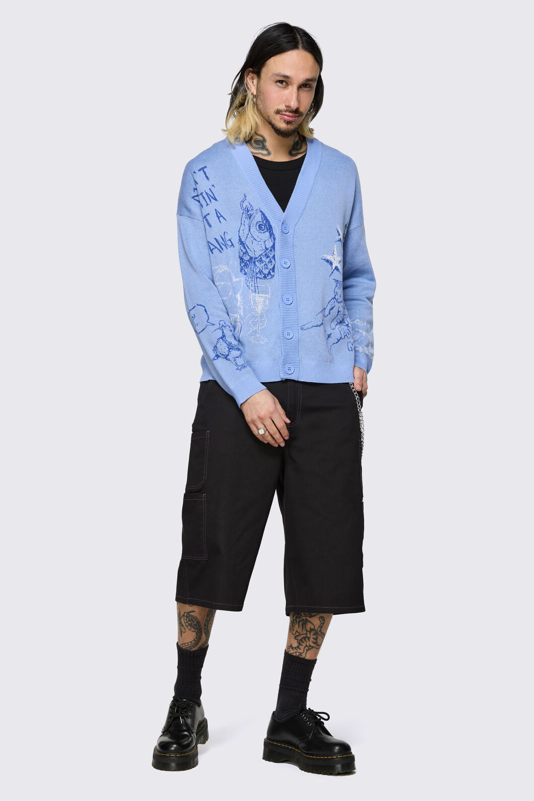 Dangerfield NZ - Sketchy Cat V-Neck Cardigan - purple
