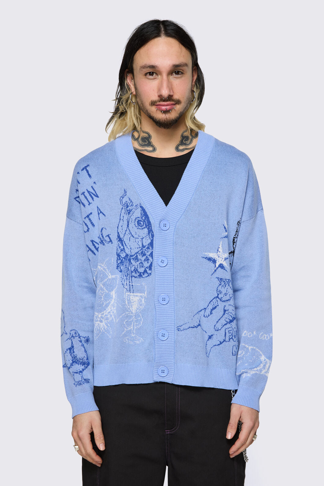 Dangerfield NZ - Sketchy Cat V-Neck Cardigan - purple