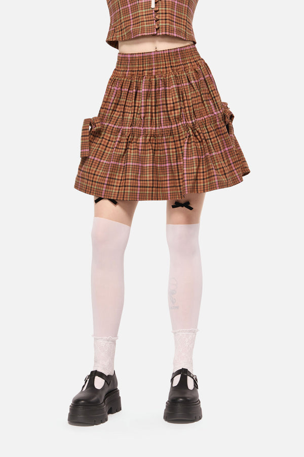 Dangerfield NZ - Rustic Check Gathered Skirt - brown