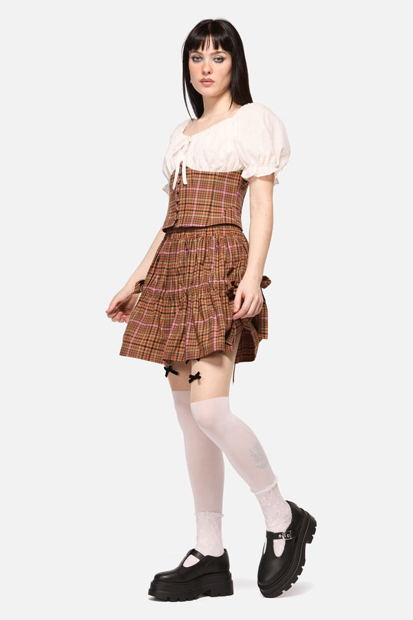 Dangerfield NZ - Rustic Check Gathered Skirt - brown