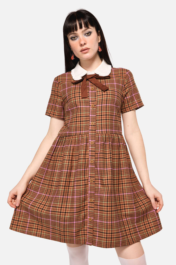 Dangerfield NZ - Rustic Check Collar Dress - brown