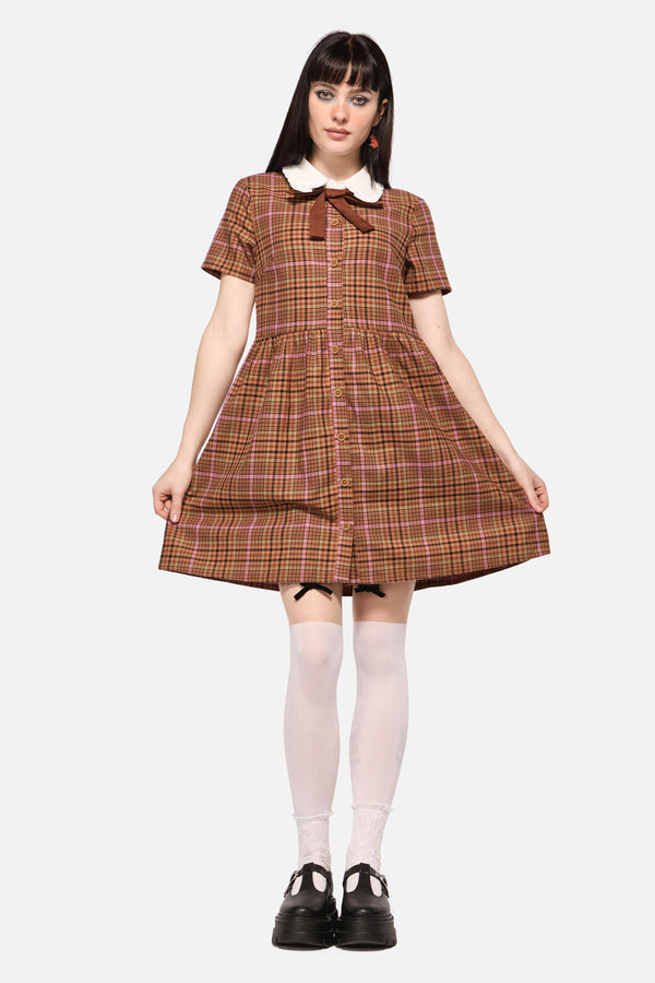 Dangerfield NZ - Rustic Check Collar Dress - brown