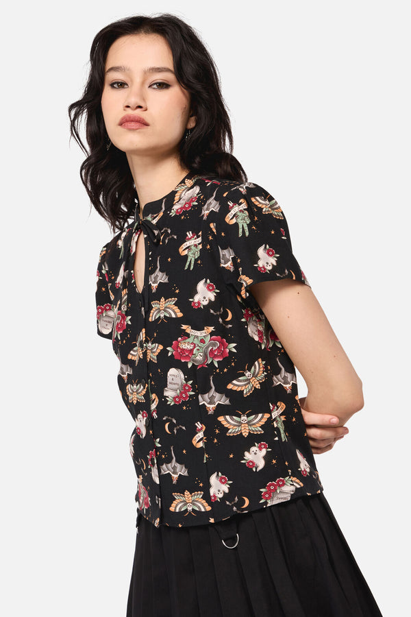 Dangerfield NZ - AllHallowsEveTattooPrintBlouse - black