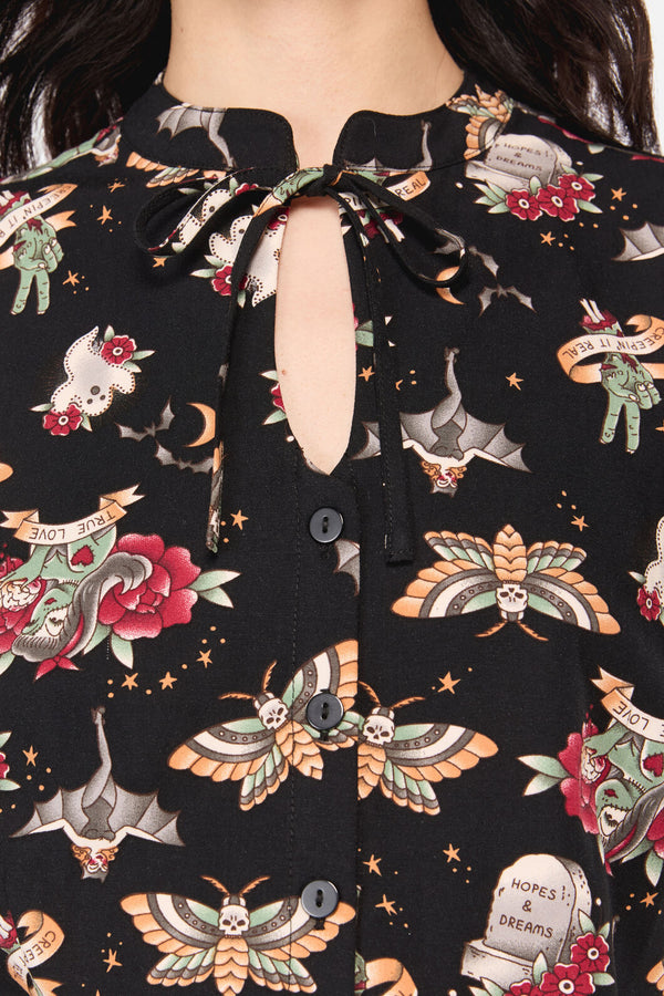 Dangerfield NZ - AllHallowsEveTattooPrintBlouse - black