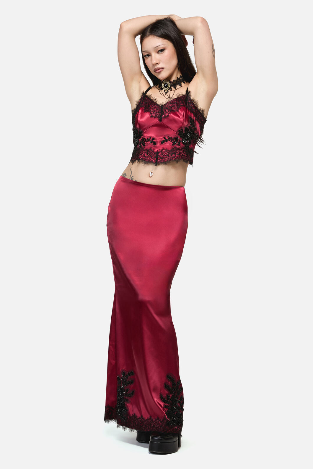 Dangerfield NZ - Rosalie Formal Lace Trim Skirt - red