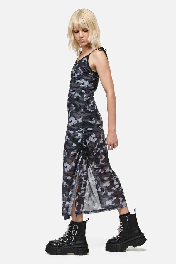 Dangerfield NZ - DisruptiveCamoMeshRuchMidDress - grey-black