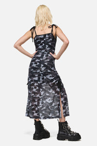 Dangerfield NZ - DisruptiveCamoMeshRuchMidDress - grey-black