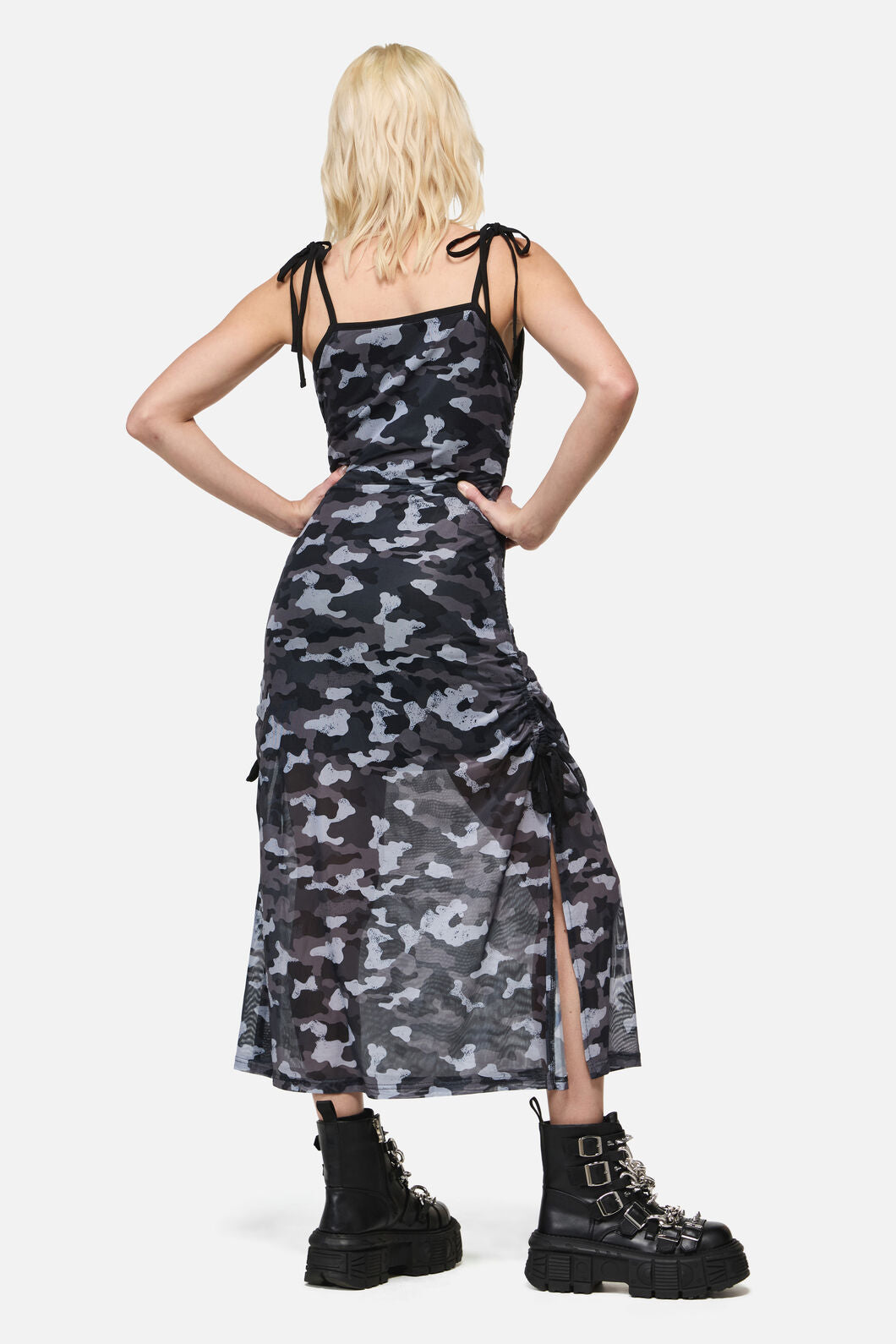 Dangerfield NZ - DisruptiveCamoMeshRuchMidDress - grey-black
