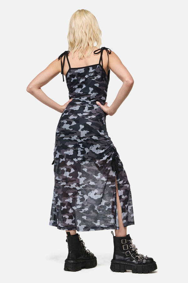Dangerfield NZ - DisruptiveCamoMeshRuchMidDress - grey-black