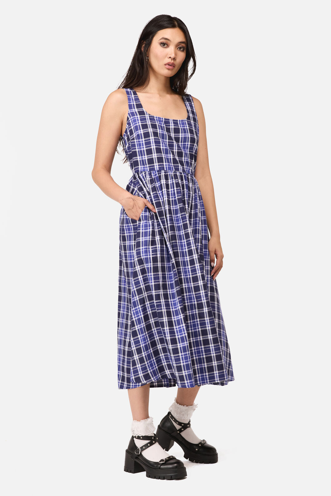 Dangerfield NZ - Whirl Tartan Midi Dress - purple-white