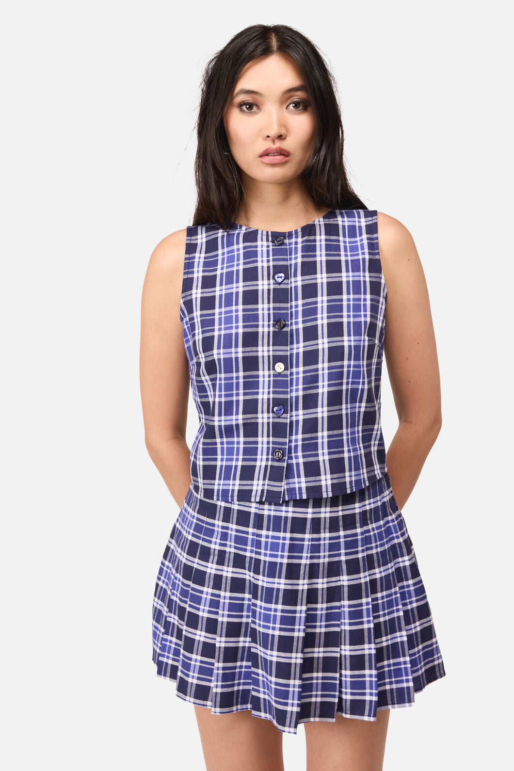 Dangerfield NZ - Whirl Tartan Button Top - purple-white