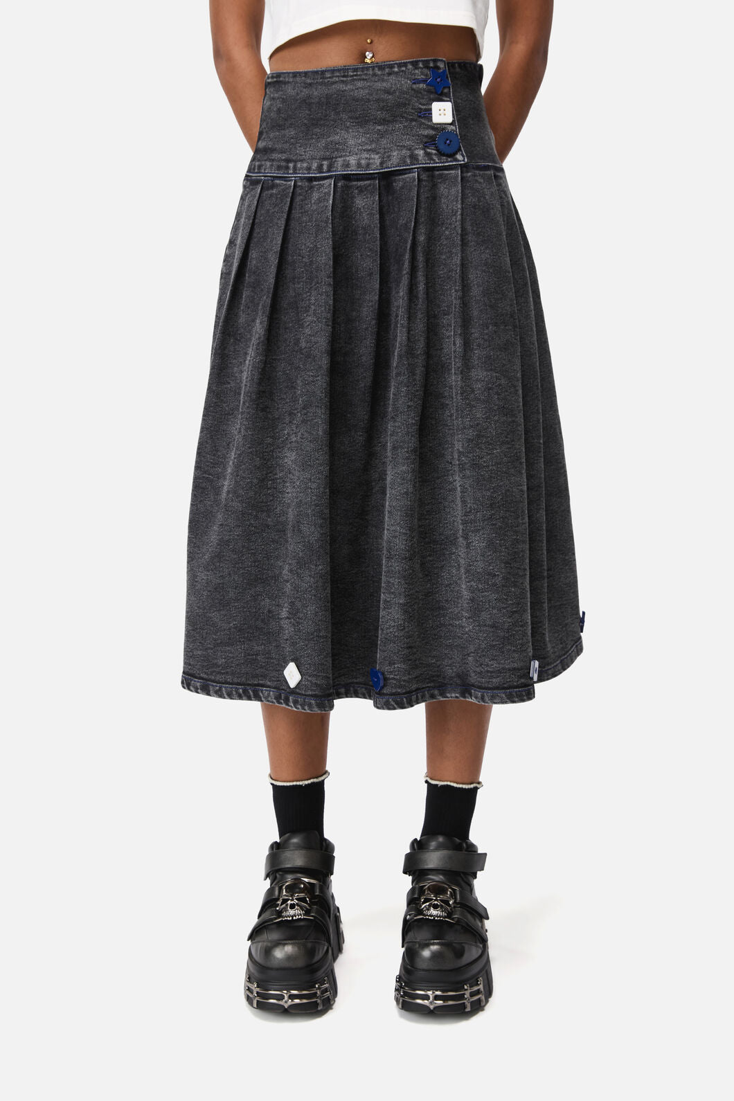 Dangerfield NZ - Whirl Denim Pleated Midi Skirt - grey