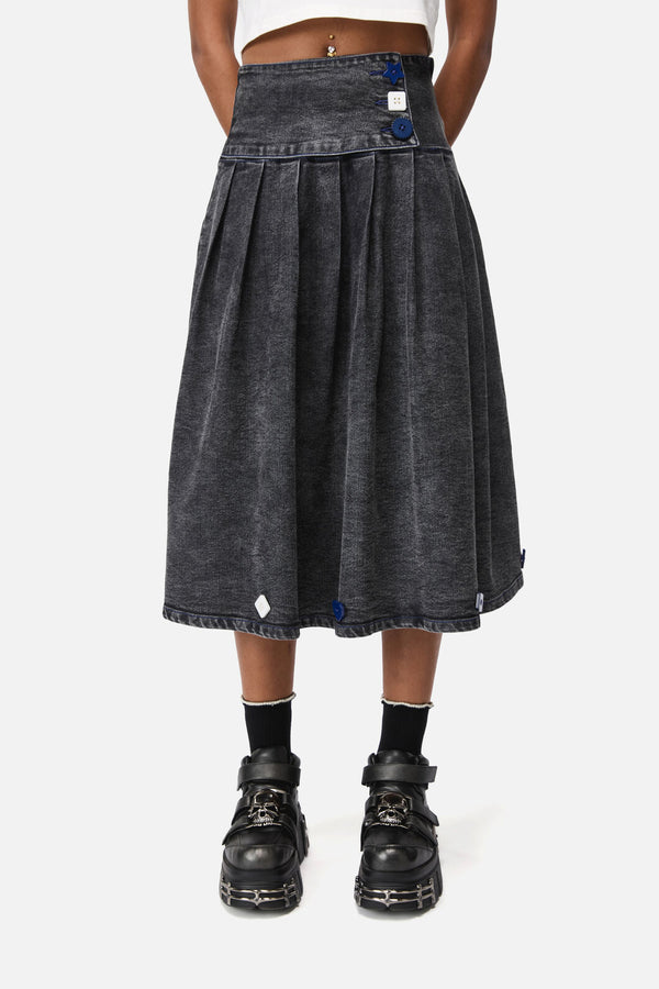 Dangerfield NZ - Whirl Denim Pleated Midi Skirt - grey