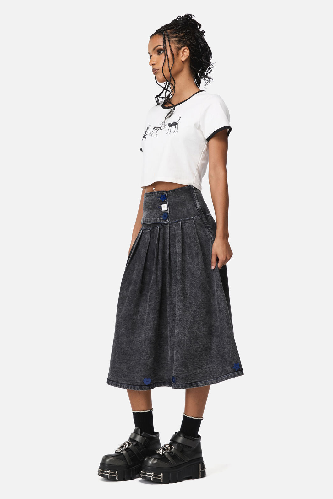 Dangerfield NZ - Whirl Denim Pleated Midi Skirt - grey