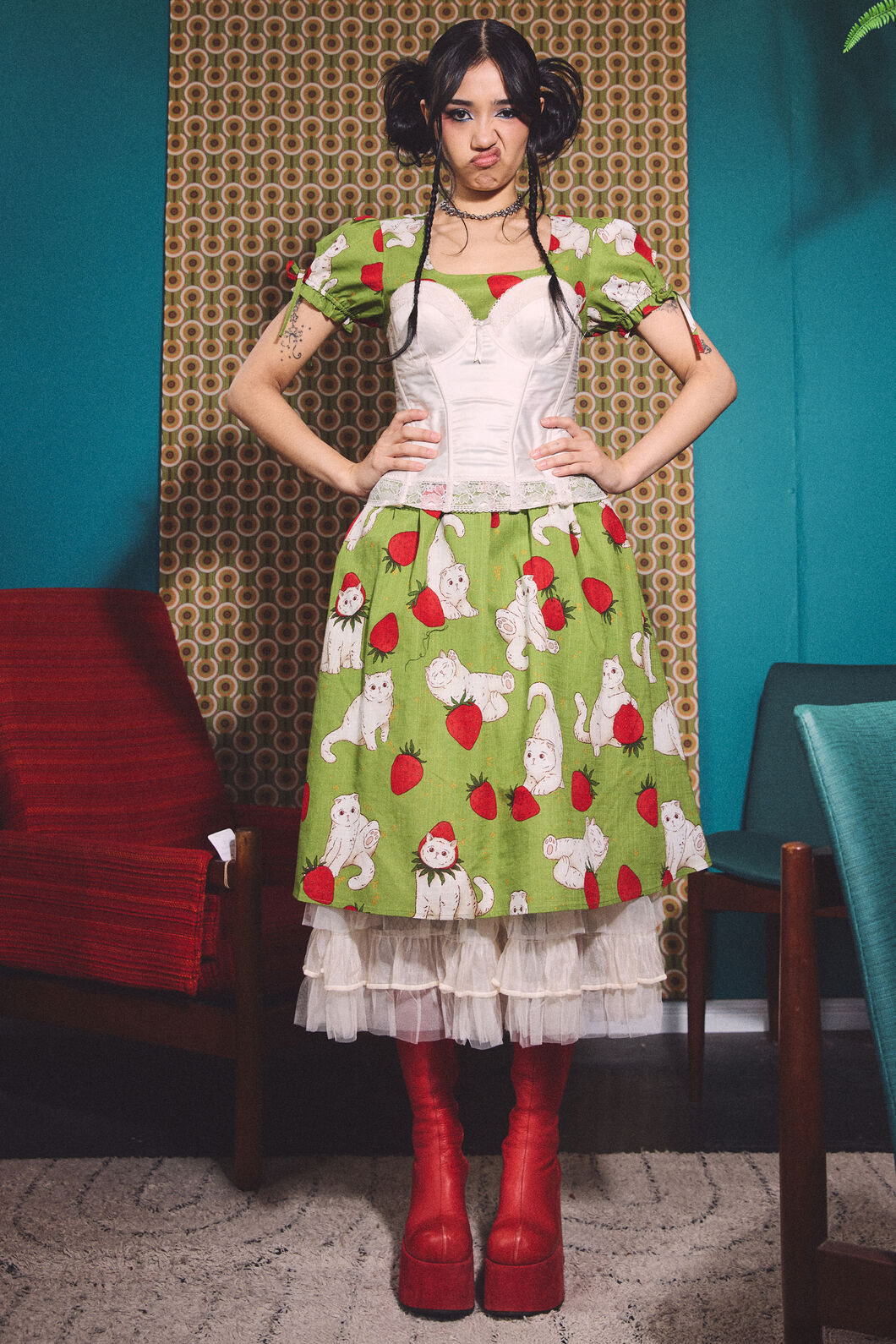 Dangerfield NZ - Strawberry Cat Repeat Dress - green