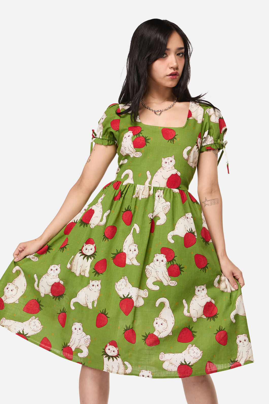 Dangerfield NZ - Strawberry Cat Repeat Dress - green