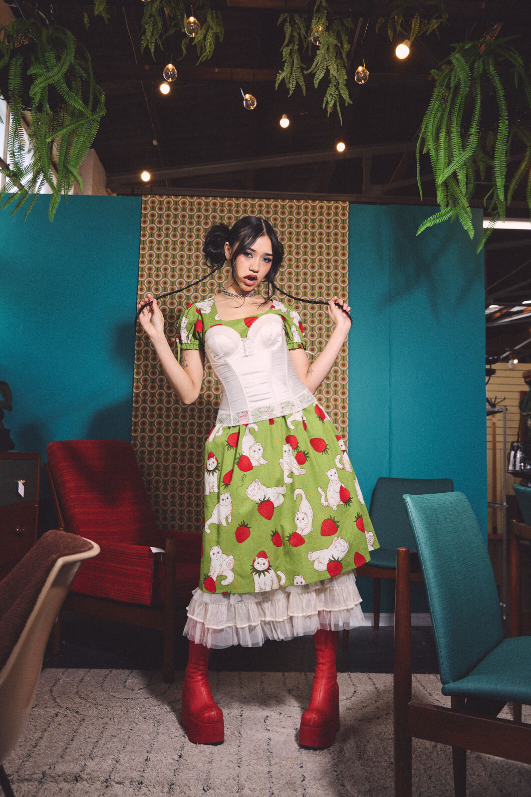 Dangerfield NZ - Strawberry Cat Repeat Dress - green