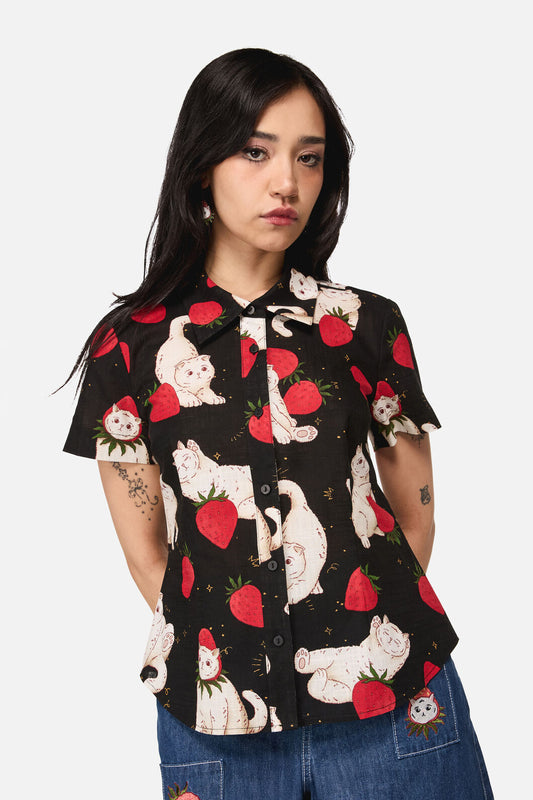 Dangerfield NZ - Strawberry Cat Repeat Blouse - black