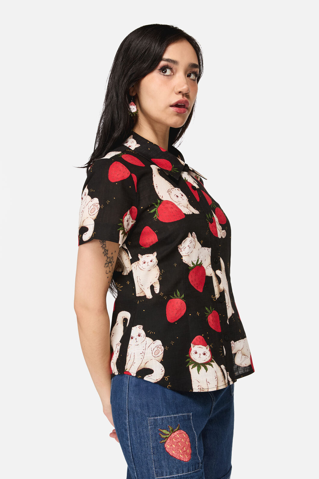 Dangerfield NZ - Strawberry Cat Repeat Blouse - black