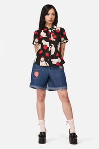 Dangerfield NZ - Strawberry Cat Repeat Blouse - black