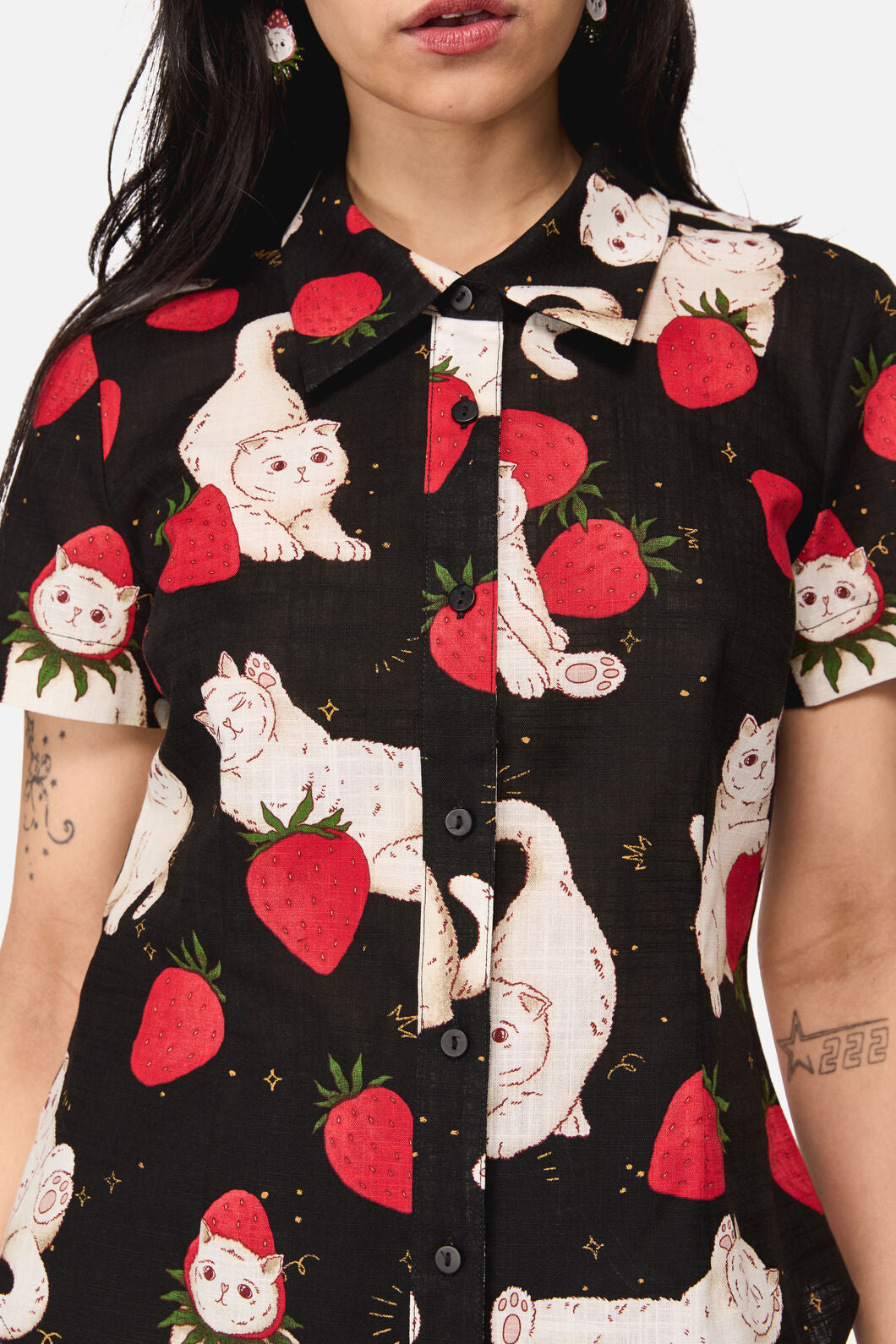 Dangerfield NZ - Strawberry Cat Repeat Blouse - black